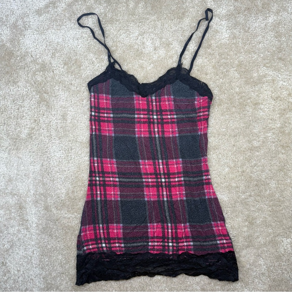 Rue21 Women’s Medium Plaid Lace Trim Camisole Black Pink